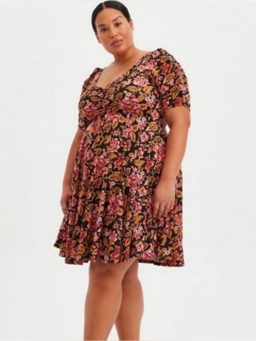 Torrid Autumn Pink Floral Ruched V-Neck Stretchy Short Sleeve Mini Dress 5X